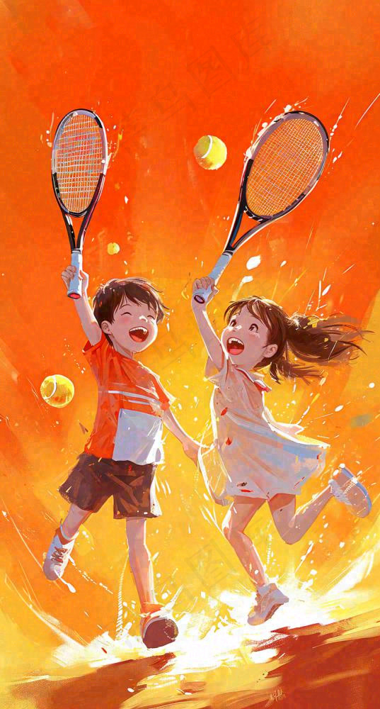 青春活力运动青年手绘插画油画，网球羽毛球球类(800x1488)