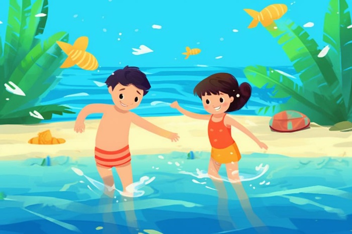 夏日沙滩儿童游玩插画背景(1344x896)