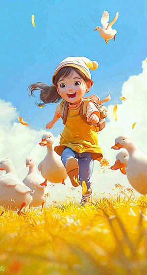 儿童节可爱鸭子奔跑，蓝天白云草地童真玩耍，清新插画