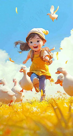 儿童节可爱鸭子奔跑，蓝天白云草地童真玩耍，清新插画
