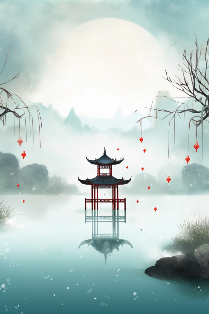 a painting of a pagoda in the middle of a lake, a poster inspired by Ma Yuanyu, pixabay, conceptual art, chinese watercolor style, chinese style painting, palace ， a girl in hanfu 