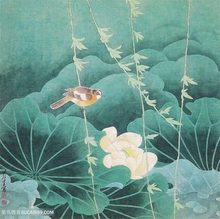 荷叶树枝鸟装饰画