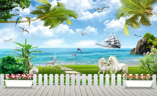 大海一帆风顺花卉花草双马背景