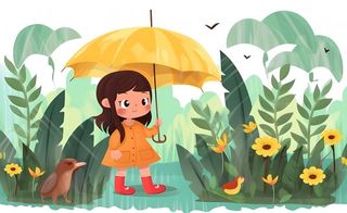 春天下雨天小女孩拿着雨伞在森林里漫步绿色黄色手绘插画海报素材背景
