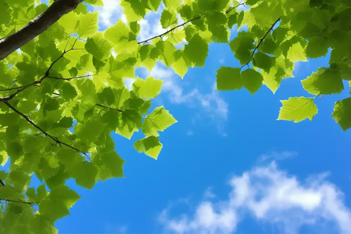 晴朗天气蓝天白云下的绿叶植物树枝摄影图