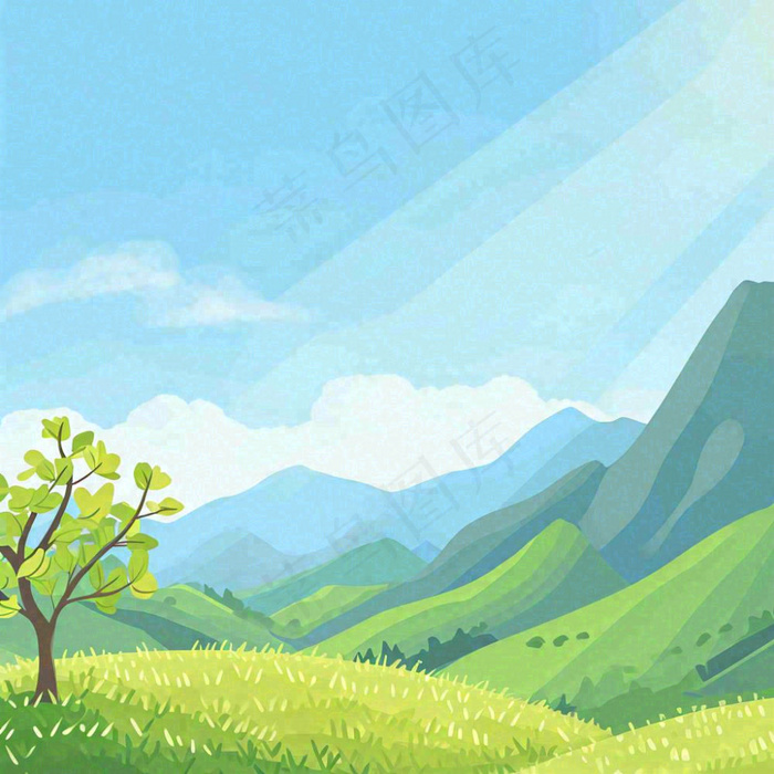 春天清新山脉田间草地绿植手绘插画(1024x1024)