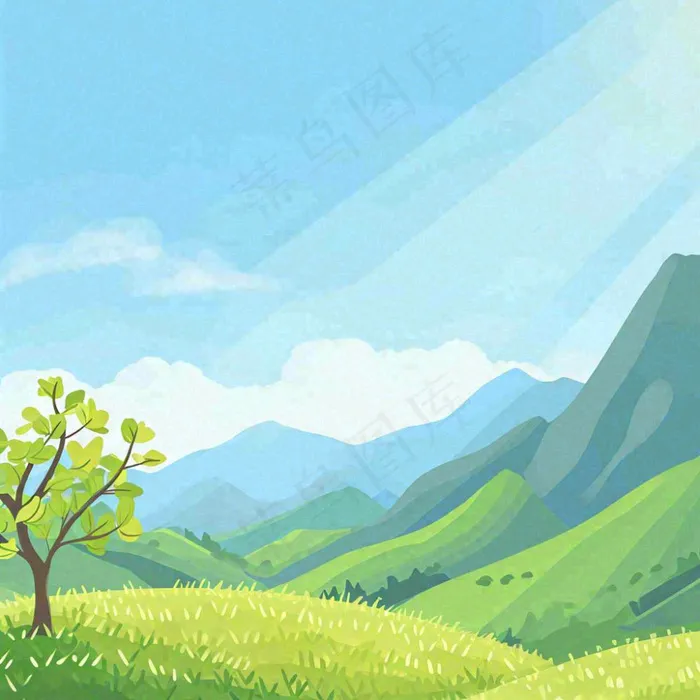 春天清新山脉田间草地绿植手绘插画(1024x1024)
