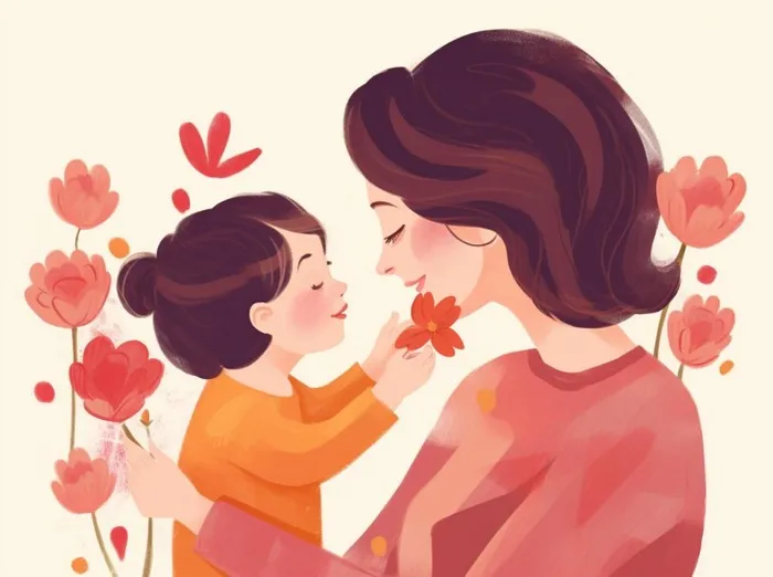 母亲节妈妈拥抱着孩子花海手绘插画素材海报背景(1264x944)