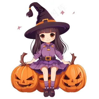 万圣节女巫南瓜灯捣蛋卡通插画免抠