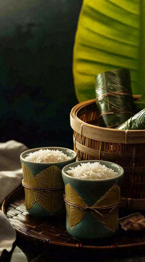 夏天端午阳光粽子粽叶竹篮米饭，芒种夏至(816x1472)