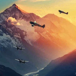 落日下的连绵山脉，飞机战斗机，冰川云海