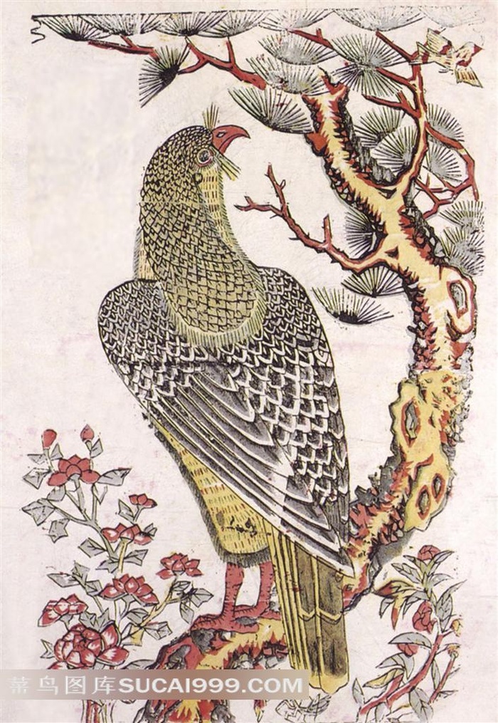 民间年画雄鹰古松