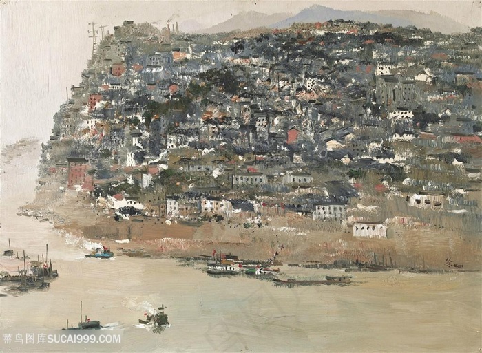 吴冠中手绘唯美建筑水墨乡村美景装饰画