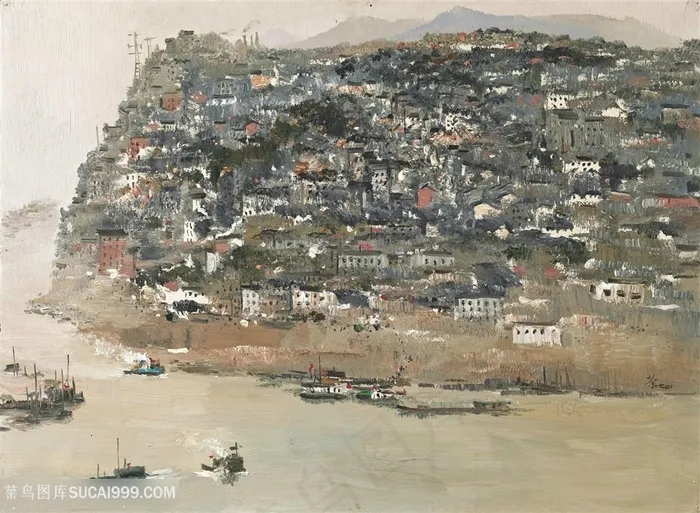 吴冠中手绘唯美建筑水墨乡村美景装饰画