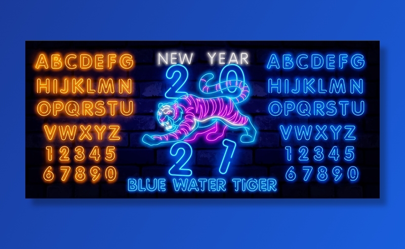 夜晚霓虹灯发光字特效老虎2022新年虎年春节元素矢量平面设计素材eps,ai矢量模版下载
