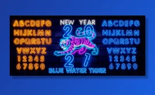 夜晚霓虹灯发光字特效老虎2022新年虎年春节元素矢量平面设计素材