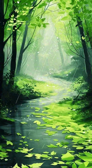 春天绿树成荫的树林里面阳光洒下小溪溪水飘着树叶