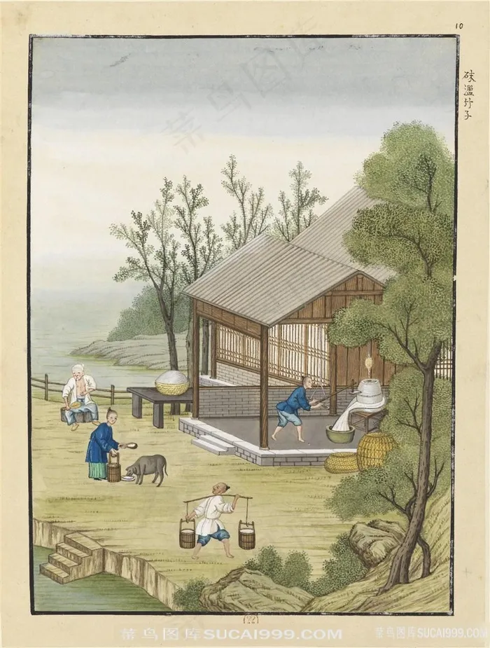 古代造纸步骤场景礳灌竹子绘画图片