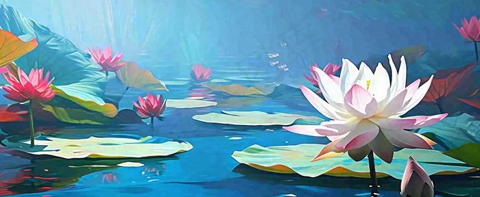 夏季池塘荷花荷叶盛开油画，小暑大暑夏至(1712x704)