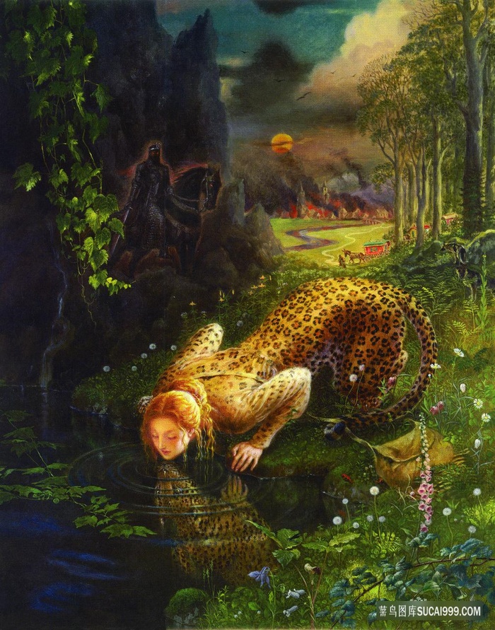 豹纹女孩湖畔树林风景画油画