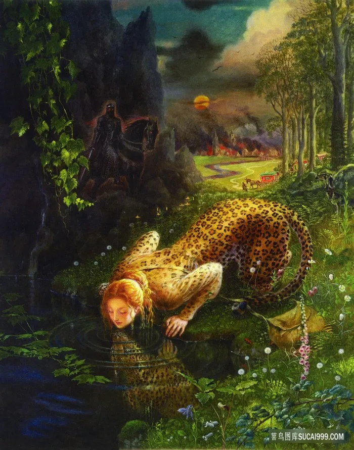 豹纹女孩湖畔树林风景画油画