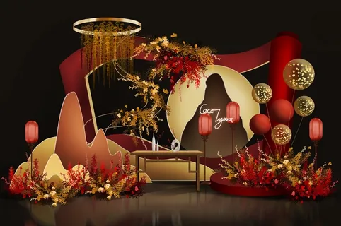 红色中式传统婚礼迎宾区效果图