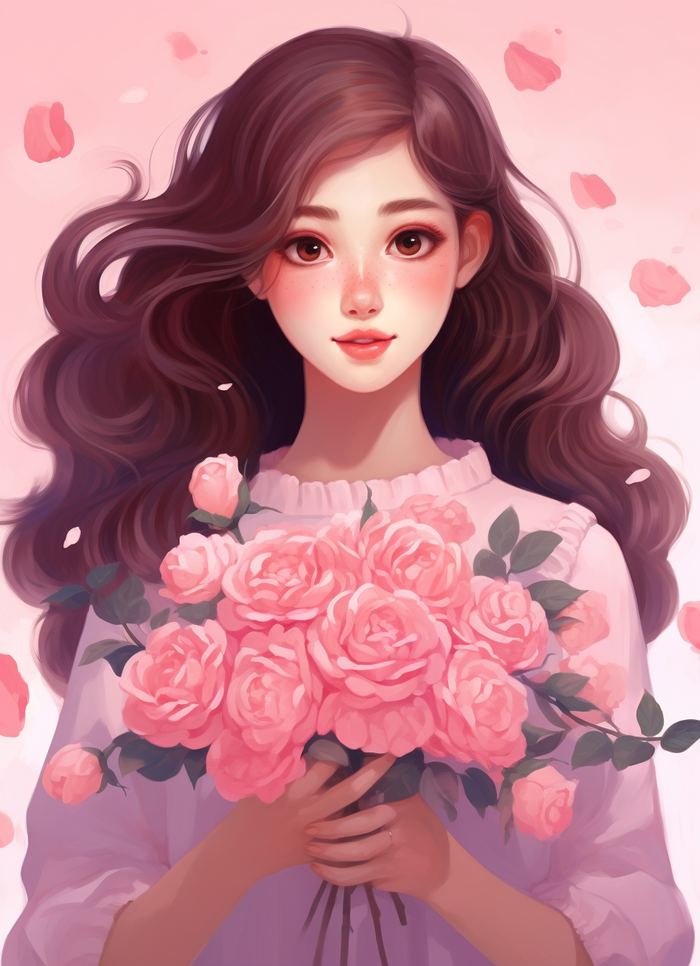 美丽少女抱着大捧粉色鲜花卡通插画