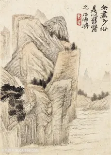 清代画家石涛山水册群峰巨石国画图片