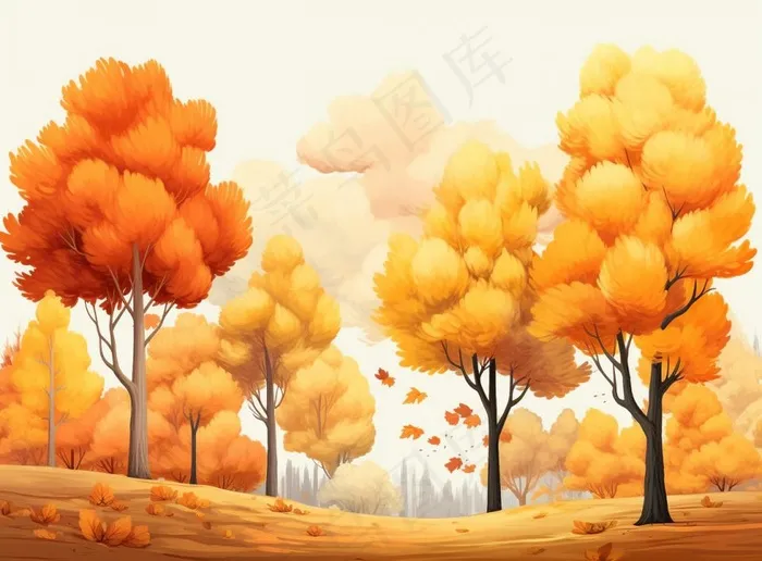 秋季树林黄色树叶卡通插画素材背景(1280x944)