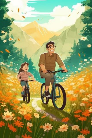 父亲孩子骑自行车游玩背景4
