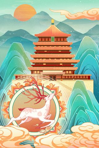 中国风国潮烫金仙鹤山水古建筑风景装饰插画背景PSD分层设计素材