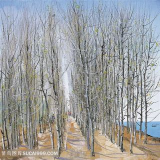 吴冠中手绘水墨树林树枝海景装饰画