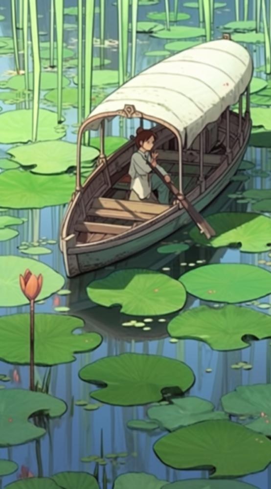 荷花荷叶池里划船的少年绿色插画背景