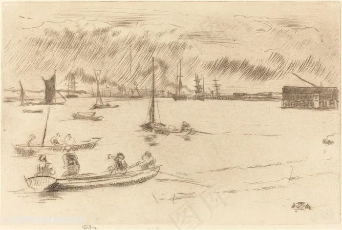 惠斯勒素描湖畔船美景