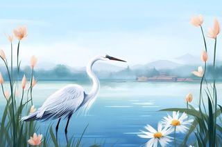 国风芦苇白鹭清新背景