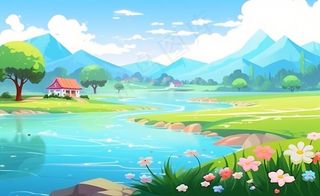 乡村村庄美丽风景河流插画农田插画背景