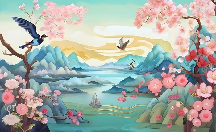 国潮风山峦云树枝花鸟插画海报素材背景(5632x3456)