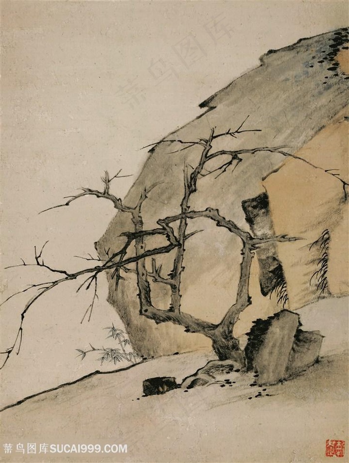 清代弘仁山水图悬崖枯松国画图片