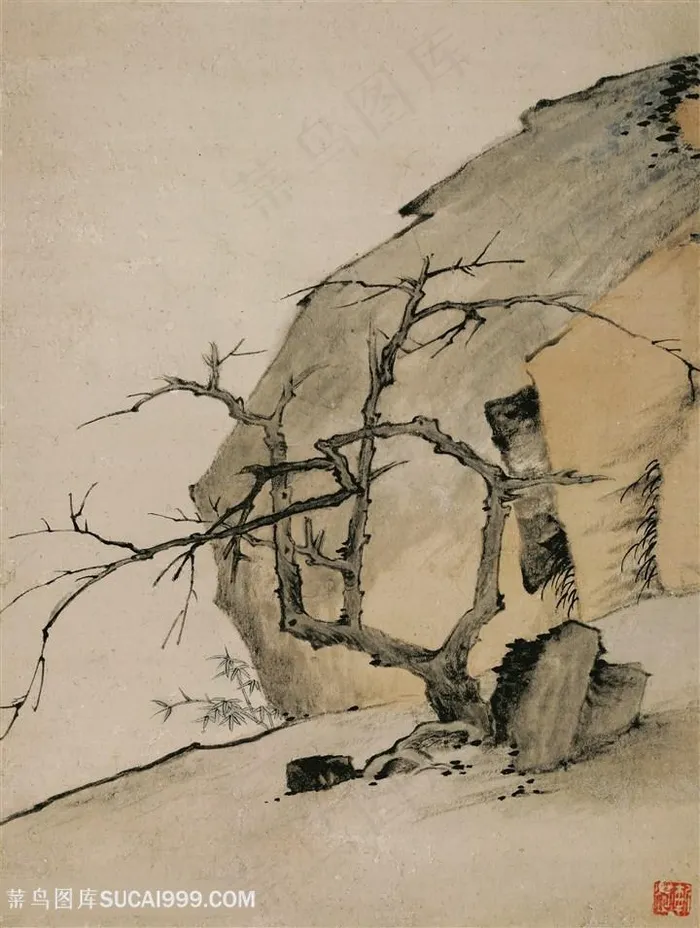 清代弘仁山水图悬崖枯松国画图片