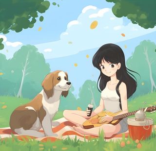 户外野餐女孩和狗背景