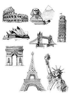 世界地标建筑钢笔手绘插画