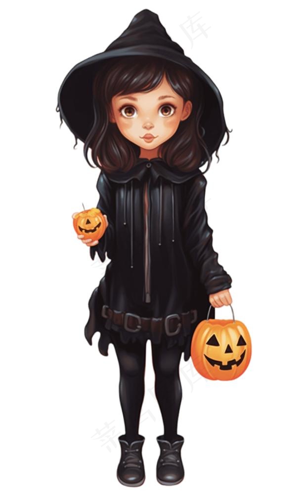 黑色女巫手拿南瓜灯万圣节卡通插画免抠(864x1408)