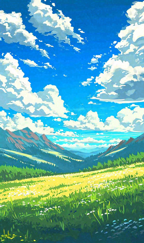 蓝天白云草地山脉插画手绘