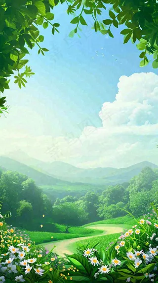 春天郊外露营旅行山脉蓝天白云草坪草地花丛，清新自然，惊蛰春分