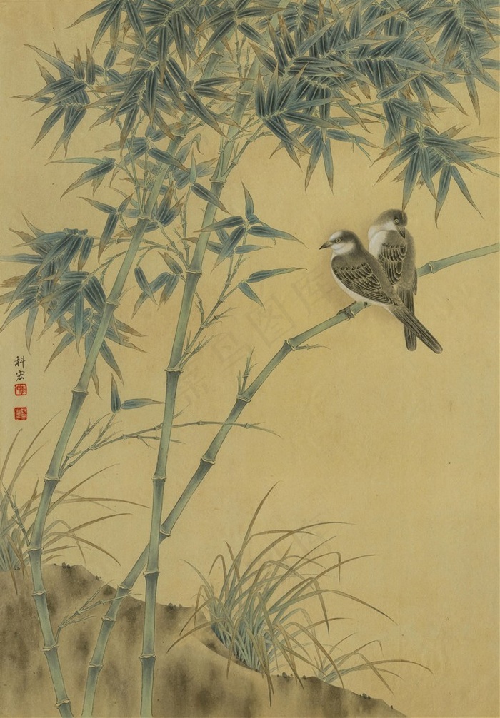竹林栖禽图工笔画
