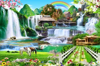 流水生财花园麋鹿双马美丽风景