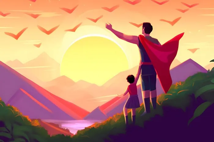 超人爸爸和孩子在草坡上向着太阳背景(3000x2000)