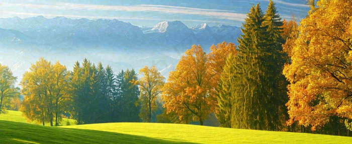 秋天山脉秋叶树木，秋分摄影图(1712x704)