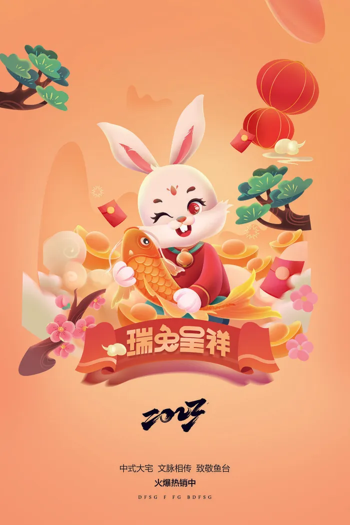 2023兔年新年春节海报psd模版下载
