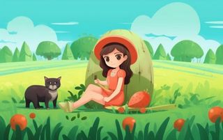 坐着草地上的女孩和猫插画背景